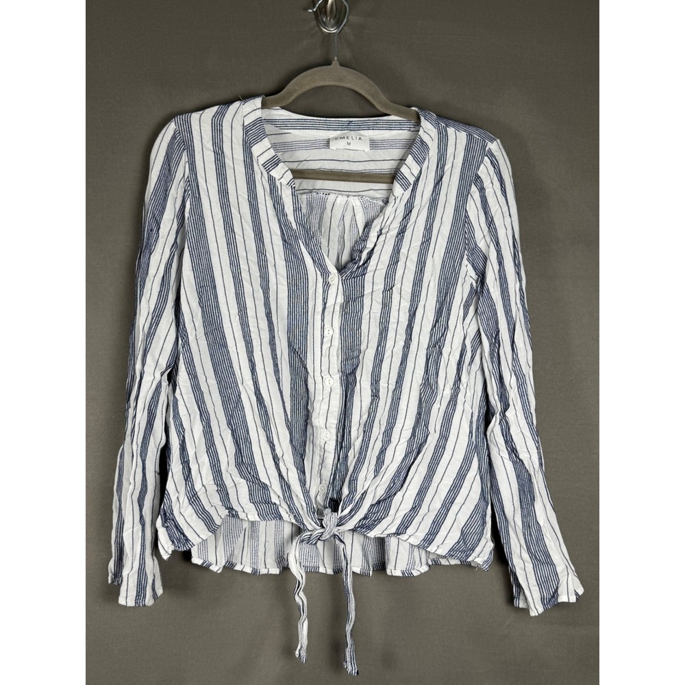 Emelia Button Down Blouse Womens Medium Blue White Striped Front Tie Roll Tab